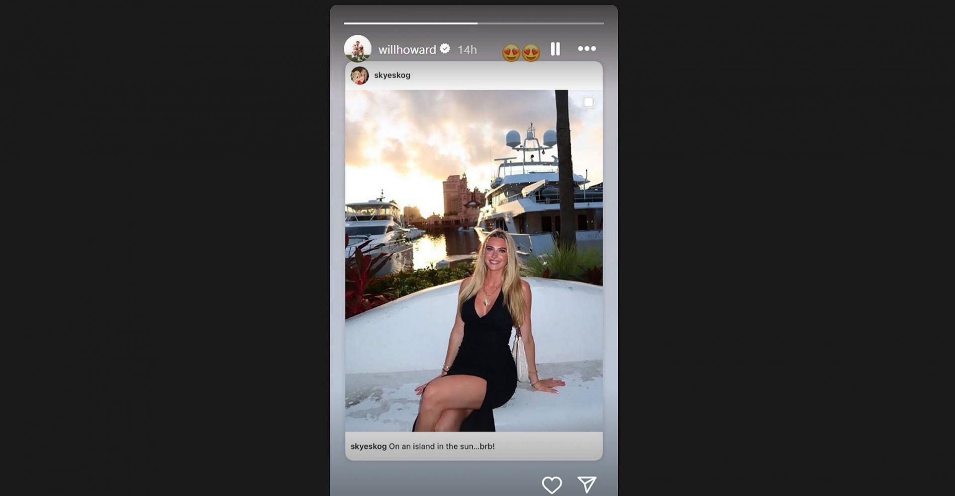 Will Howard reacts as GF Skyler Skoglund looks pretty in black during Bahamas getaway/@willhoward